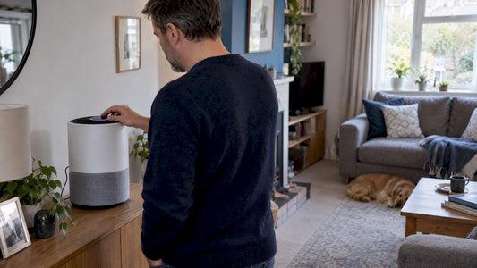 Ionizer air purifier operating in UK living room