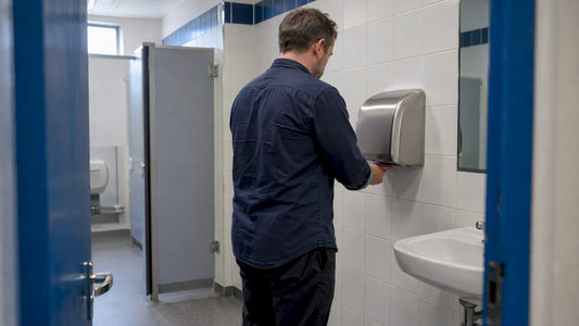User drying hands beneath a washroom dryer