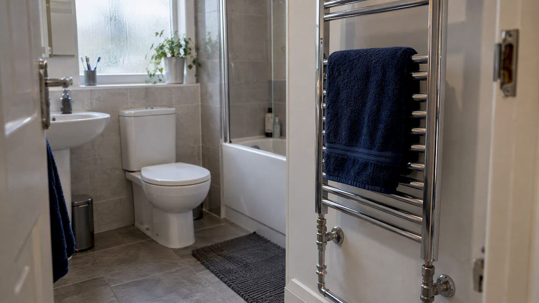 Plumbed ladder towel rail in a bathroom