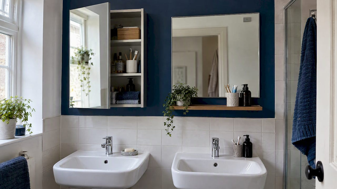 Mirror cabinet beside a mirror with shelf