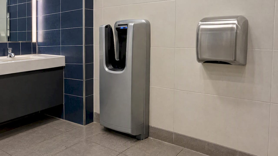 Hands-in and hands-under dryers side by side
