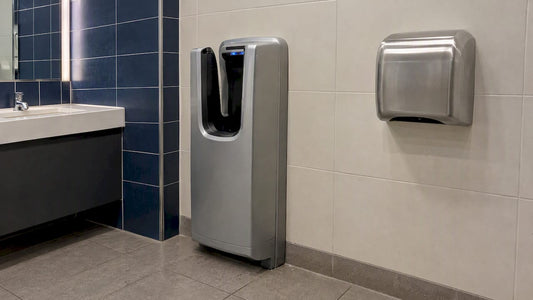Hands-in and hands-under dryers side by side