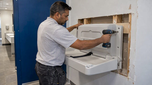 Installer fixing a baby changing unit to timber