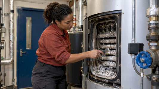Engineer removing scale from a commercial boiler