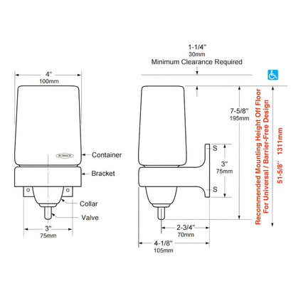 Bobrick Liquid Soap Dispenser ABS/Chrome, B-155 dimensions