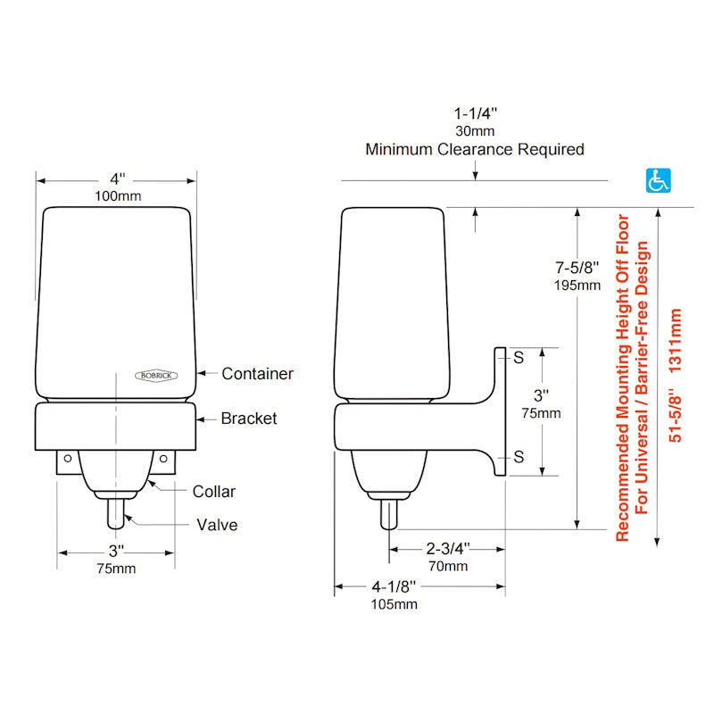 Bobrick Liquid Soap Dispenser ABS/Chrome, B-155 dimensions