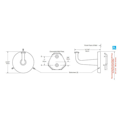 Bobrick Heavy Duty Clothes Hook with Concealed mounting, Dimensions