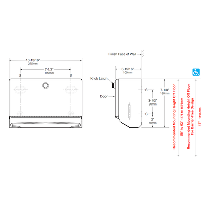 Bobrick Mini Paper Towel Dispenser with Knob-Latch, B-2621, dimensions