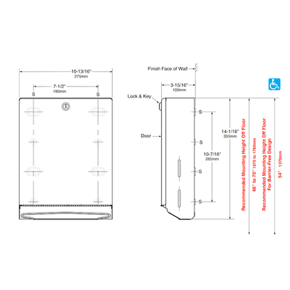 Bobrick Classic Slimline Paper Towel Dispenser, B-262, dimensions