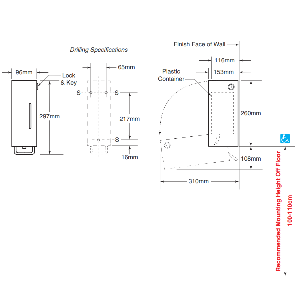 Bobrick Trimline Cartridge Soap Dispenser 500ml, B-26607, dimensions