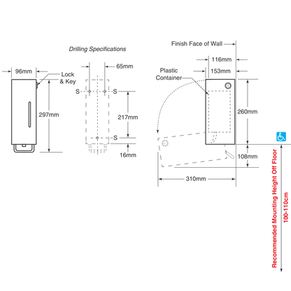 Bobrick Trimline Cartridge Soap Dispenser 500ml, B-26607, dimensions