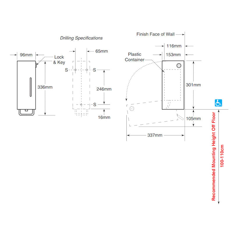Bobrick Cartridge Foam Soap Dispenser 1000ml, B-26637, dimensions