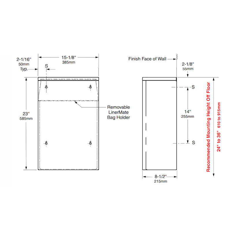 Bobrick Contura Waste Bin 48.3L with LinerMate, B-277 dimensions