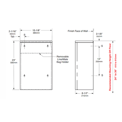 Bobrick Contura Waste Bin 48.3L with LinerMate, B-277 dimensions