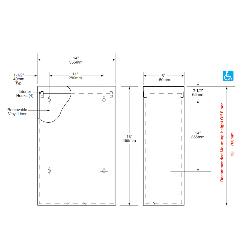 Bobrick Waste Bin 24.2L, B-279, Dimensions