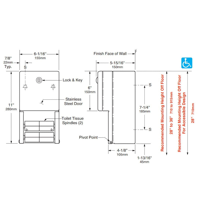 Bobrick Classic Multi Toilet Roll Dispenser, B-2888, dimensions