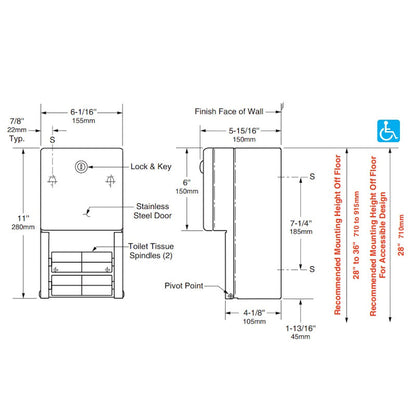 Bobrick Classic Multi Toilet Roll Dispenser, B-2888, dimensions