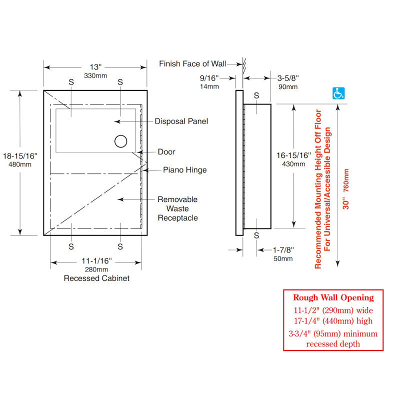 Bobrick TrimLine Recessed Sanitary Bin 4.5L, B-35303