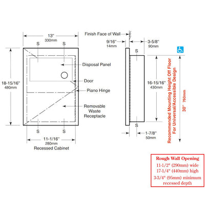 Bobrick TrimLine Recessed Sanitary Bin 4.5L, B-35303