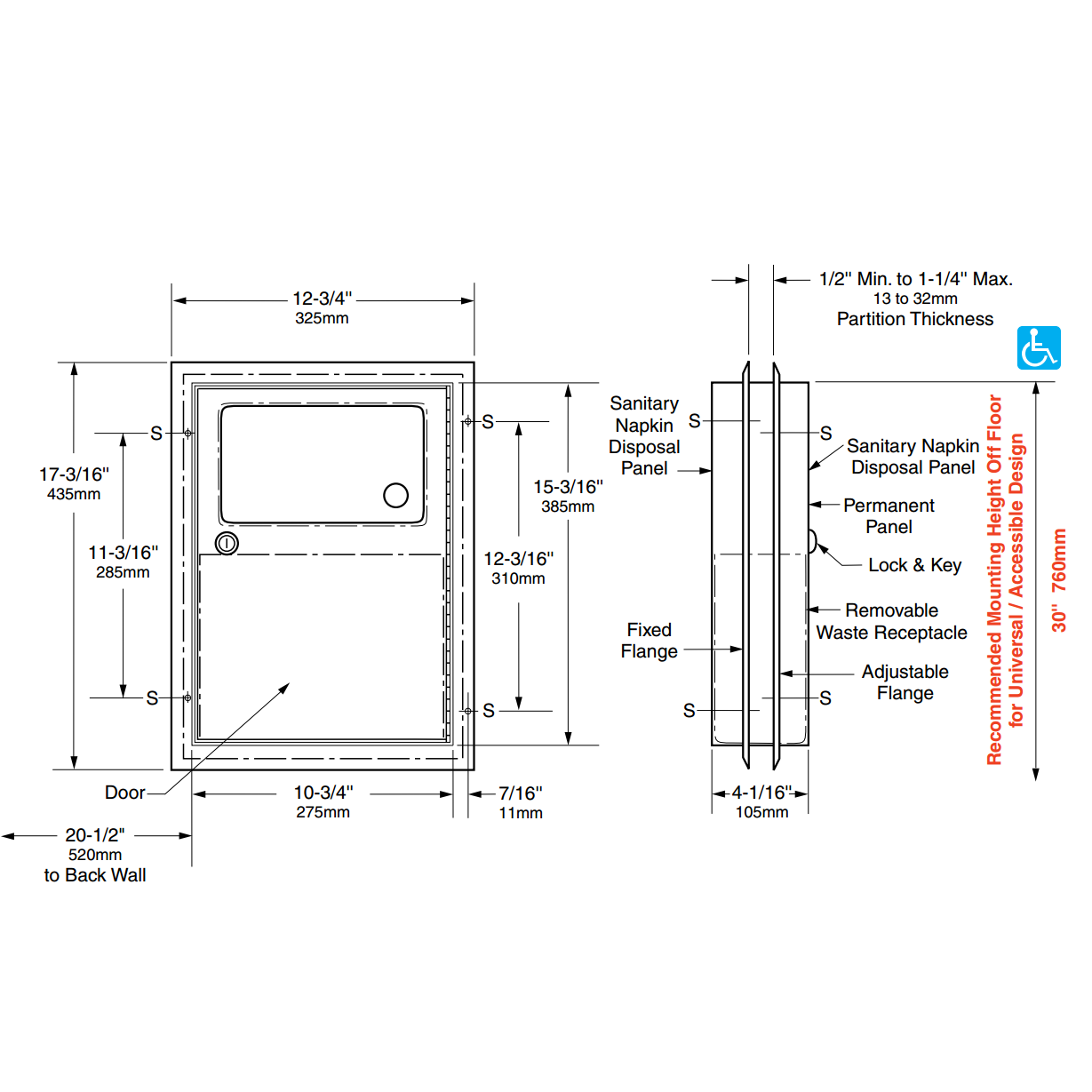Bobrick Classic Partition Recessed Sanitary Bin 4.6L, B-354, dimensions
