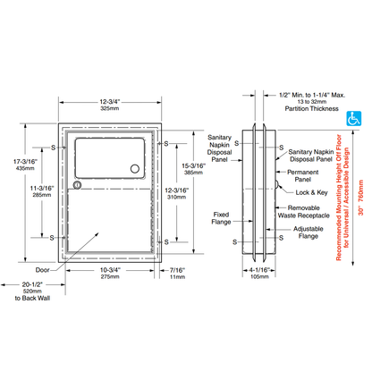 Bobrick Classic Partition Recessed Sanitary Bin 4.6L, B-354, dimensions