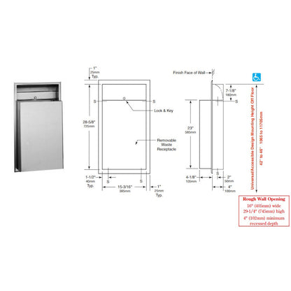 Bobrick Classic Recessed Waste Bin 45.4L, dimensions