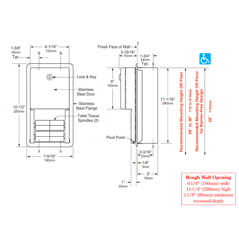 Bobrick Classic Recessed Multi Toilet Roll Dispenser, B-3888, dimensions