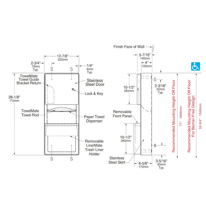Bobrick Contura Combi Paper Towel Dispenser & Waste Bin 9.8L, Dimensions