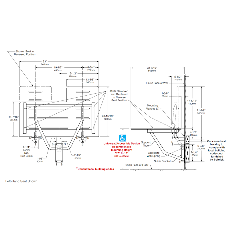 Bobrick Reversible Folding Shower Seat, B-5181 dimensions