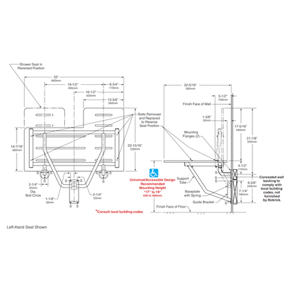Bobrick Reversible Folding Shower Seat, B-5181 dimensions