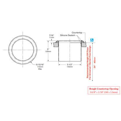 Bobrick Circular Waste Chute 176mm Diameter, B-529, dimensions