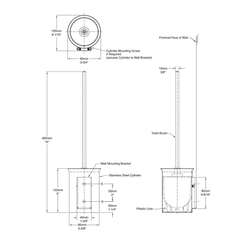 Bobrick Toilet Brush Holder Wall Mounted, B-544, dimensions
