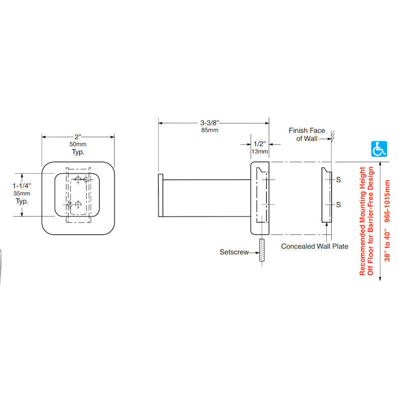 Bobrick Towel Pin Polished, B-677, dimensions