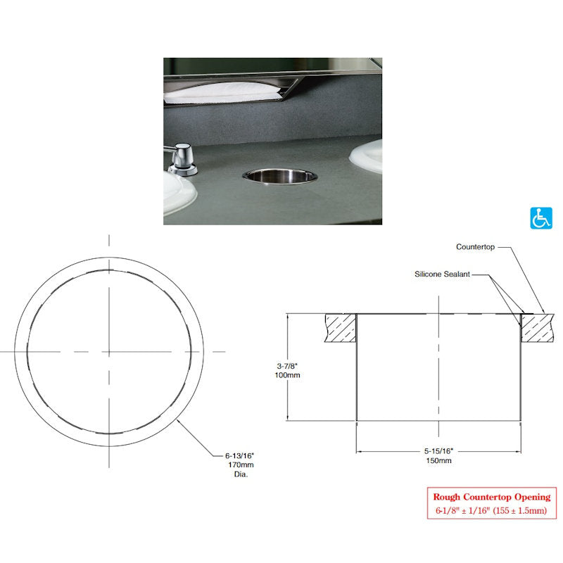 Bobrick Circular Waste Chute 173mm Diameter, B-532 - dimensions