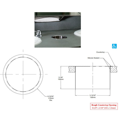 Bobrick Circular Waste Chute 173mm Diameter, B-532 - dimensions