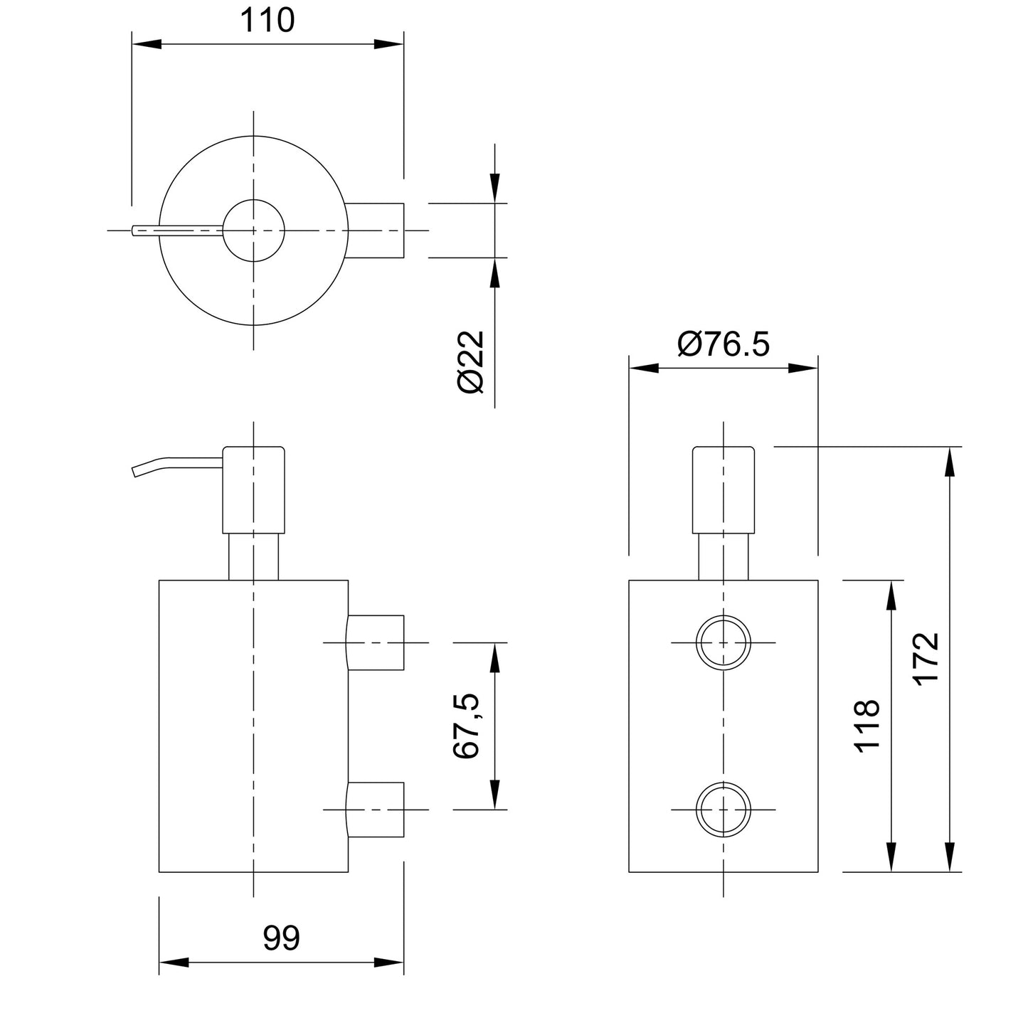 Dolphin 400ml Satin Stainless Steel Soap Dispenser drawing