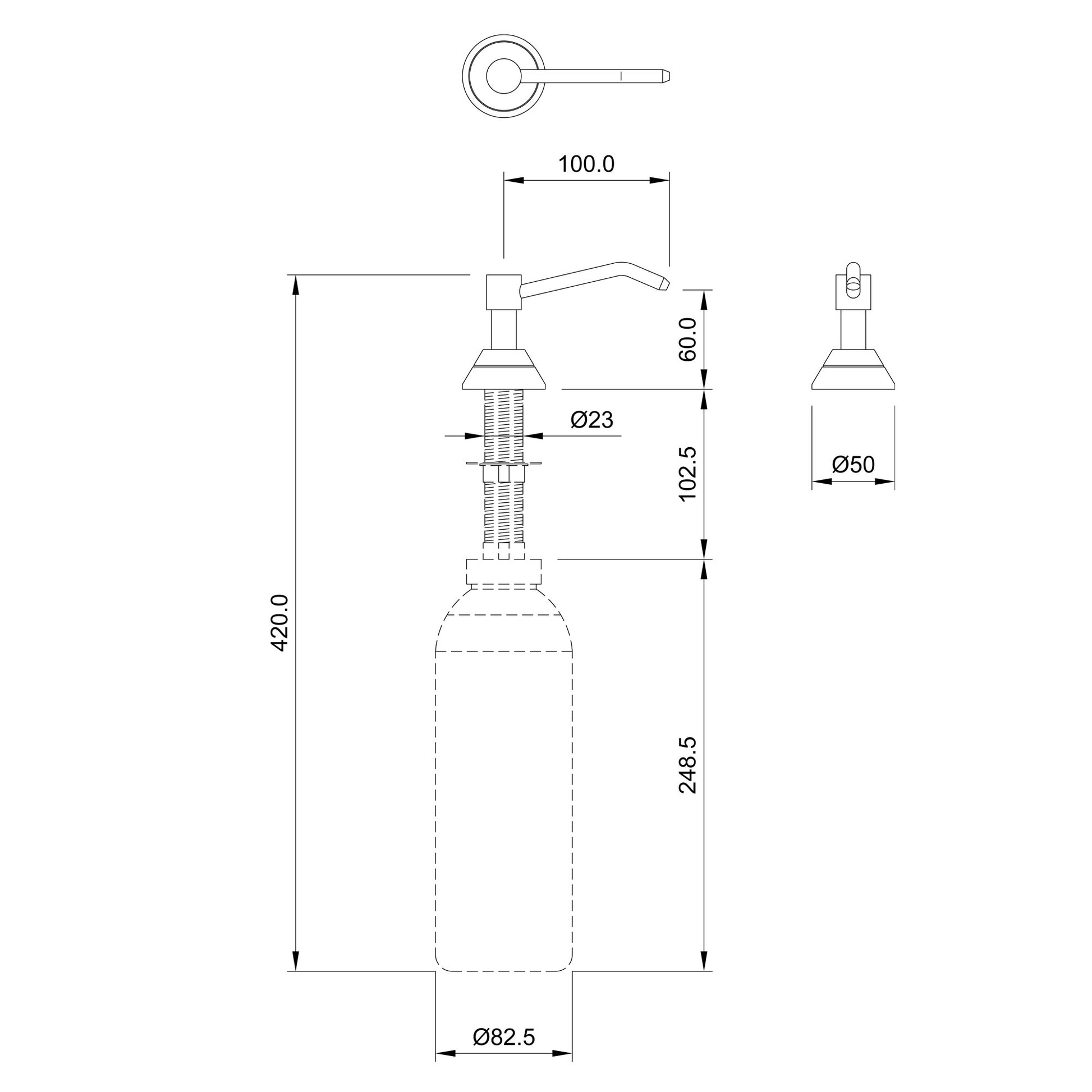 Dolphin Counter Mounted Soap Dispenser 100mm Spout Drawing