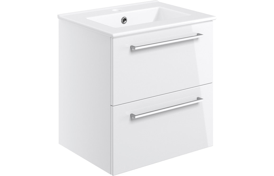 Vesper 510mm Wall Hung 2 Drawer Basin Unit & Basin - White Gloss