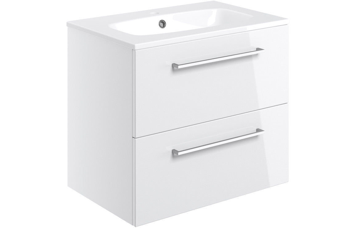 Vesper 610mm Wall Hung 2 Drawer Basin Unit & Basin - White Gloss