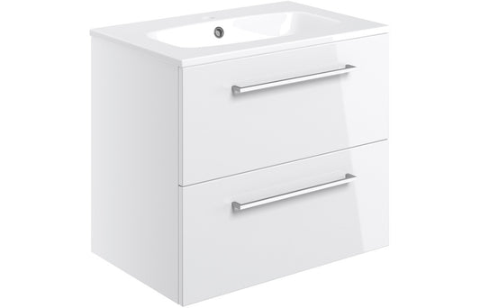 Vesper 610mm Wall Hung 2 Drawer Basin Unit & Basin - White Gloss