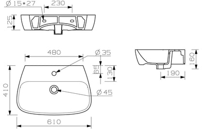 Sidra 600x400mm 1TH Basin & Full Pedestal