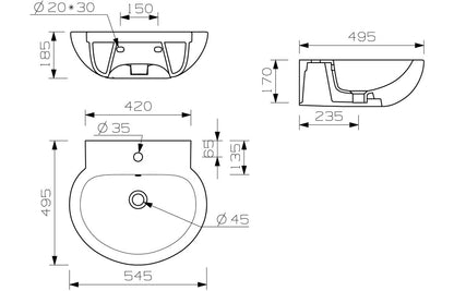 Maia 535x490mm 1TH Basin & Full Pedestal
