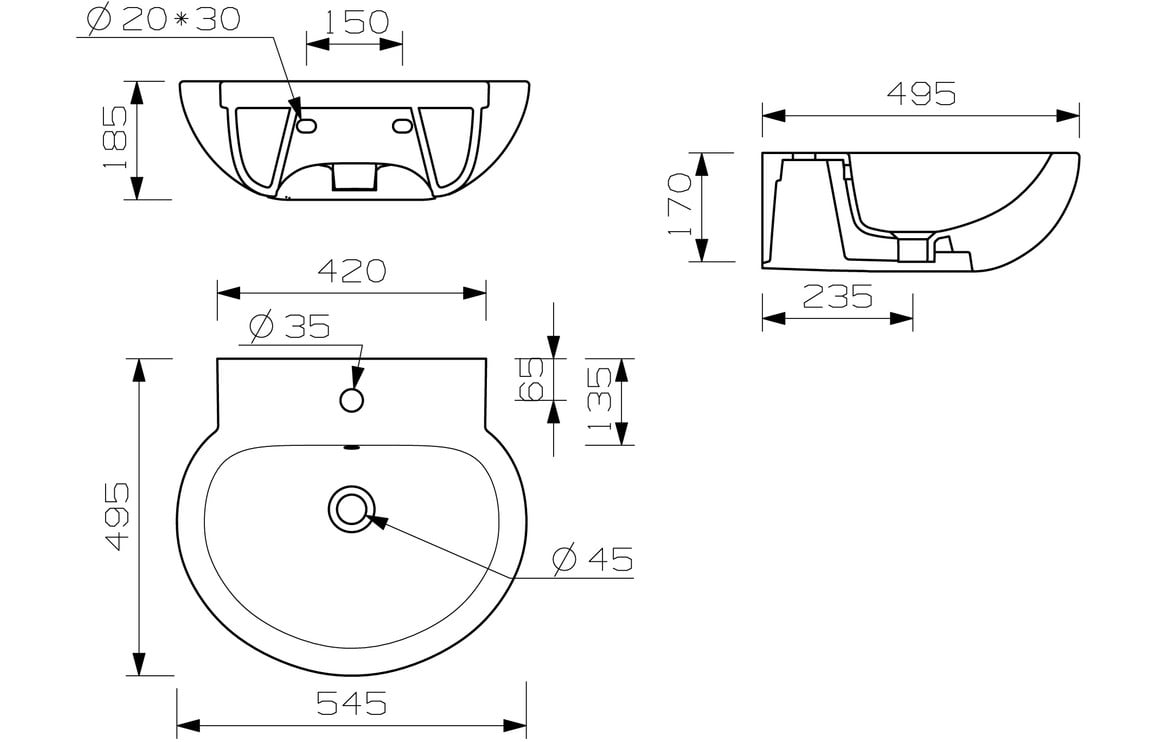 Maia 535x490mm 1TH Basin & Semi Pedestal