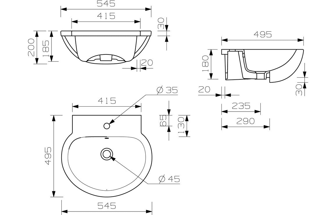 Maia 540x500mm 1TH Semi Recessed Basin