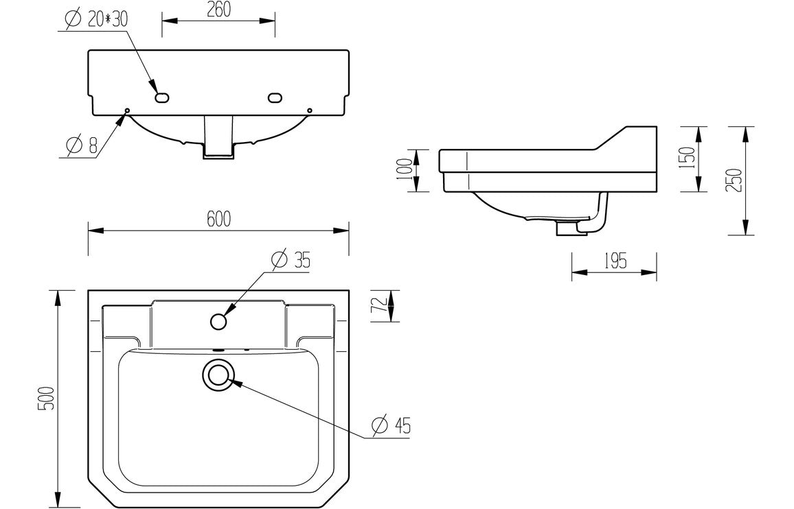 Solaris 600x500mm 1TH Basin & Full Pedestal
