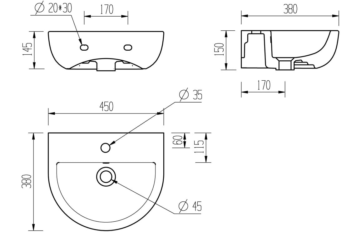Thalassa 450x400mm 1TH Cloakroom Basin & Black Bottle Trap