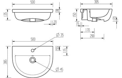 Thalassa 500x390mm 1TH Semi Recessed Basin