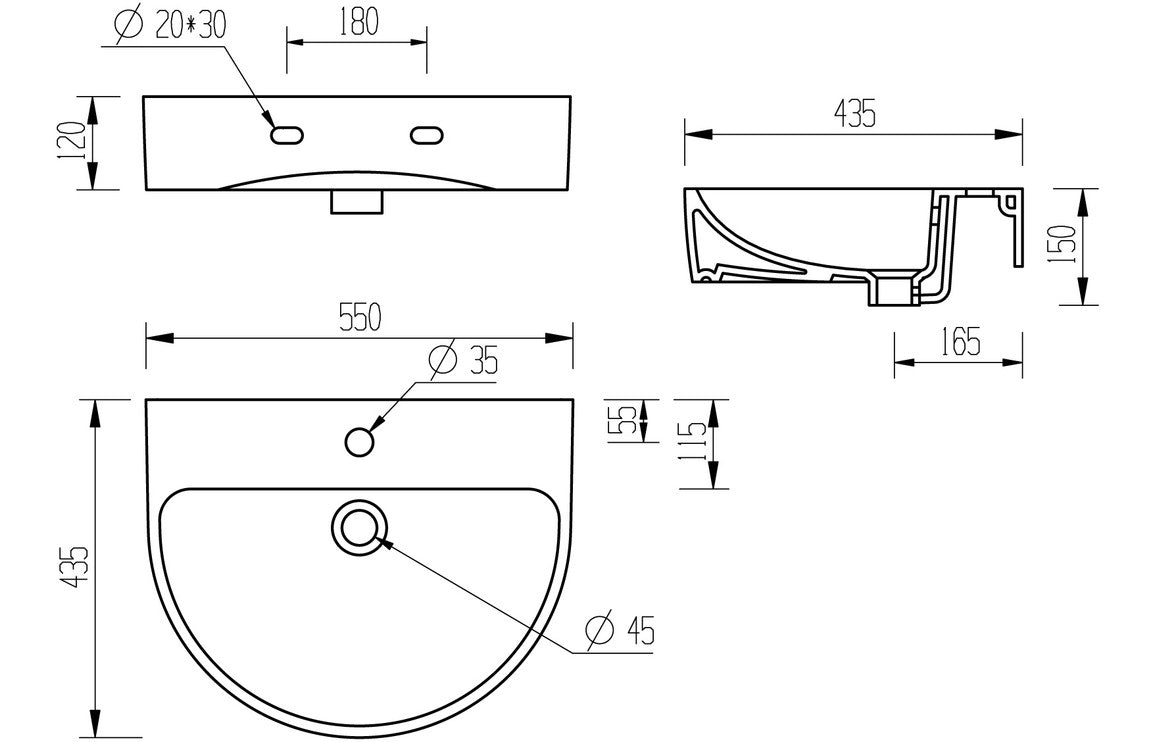 Orpheus 555x430mm 1TH Basin & Full Pedestal