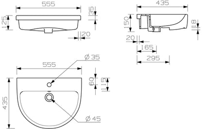 Orpheus 555x435mm 1TH Semi Recessed Basin