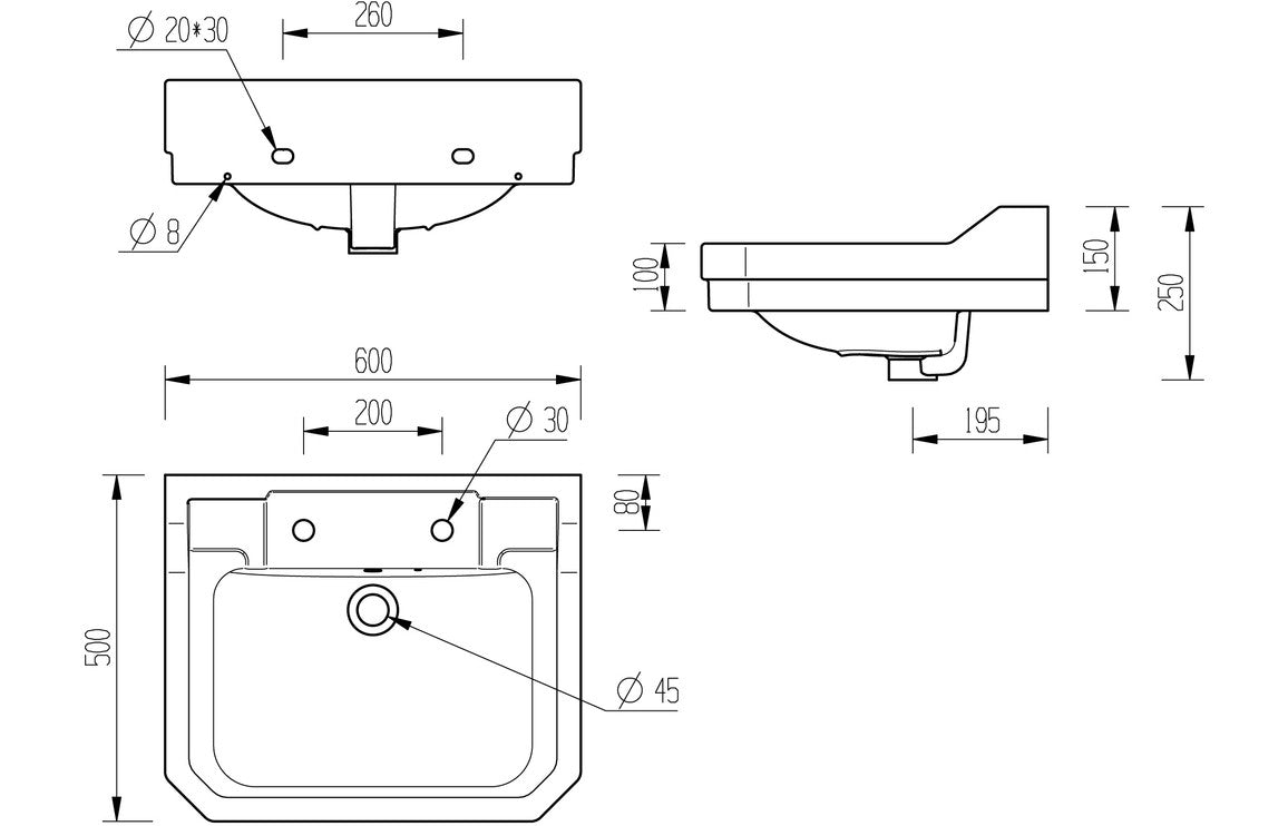 Solaris 600x500mm 2TH Basin & Full Pedestal